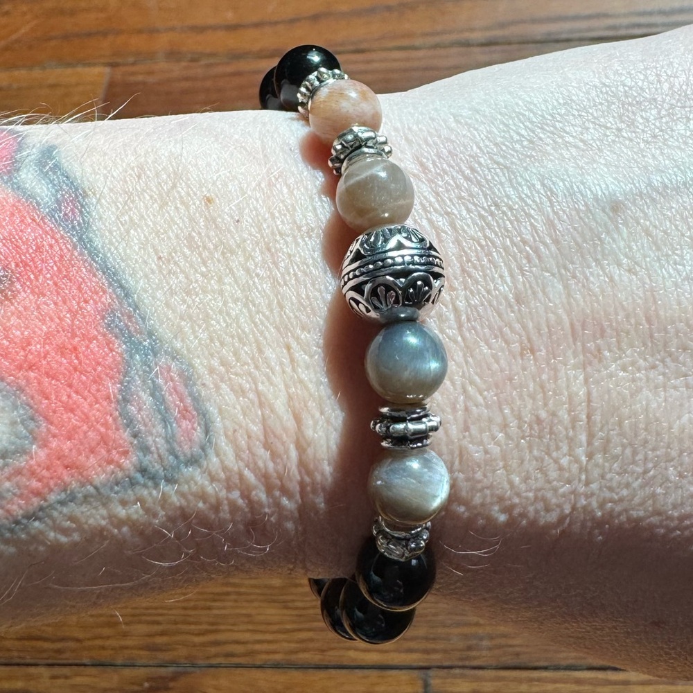 Peach Moonstone & Black Obsidian Crystal Gemstone Stretch Bracelet